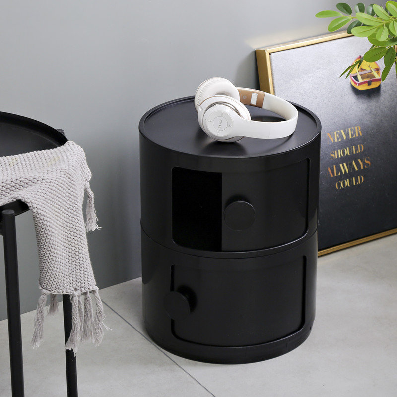 2-Shelf Round with Handles Side Table with Storage, Black