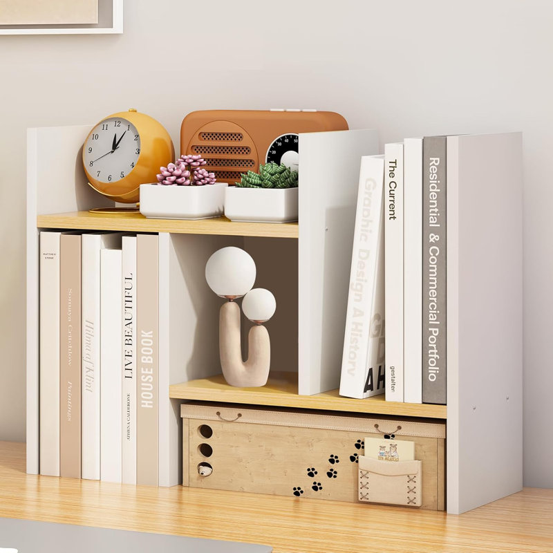 White Office Desk Storage Box And Storage Small Desktop Bookshelf, 13.7" H x 24.4" W x 5.9" D, White