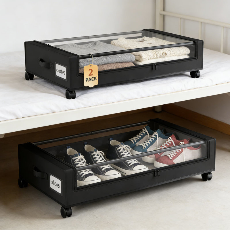 Contenants de rangement sous le lit avec roulettes et couvercles transparents, paquet de 2 tiroirs roulants avec séparateurs pour vêtements, chaussures, jouets et couvertures
