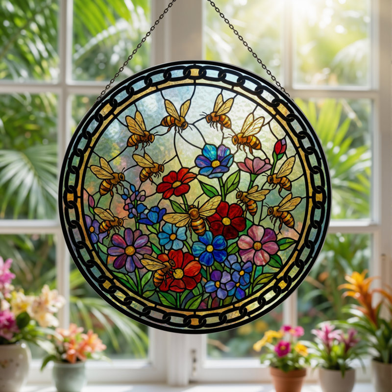 7.8"H Bees Flowers Stained Glass Window Panel, 7.8" H x 7.8" W