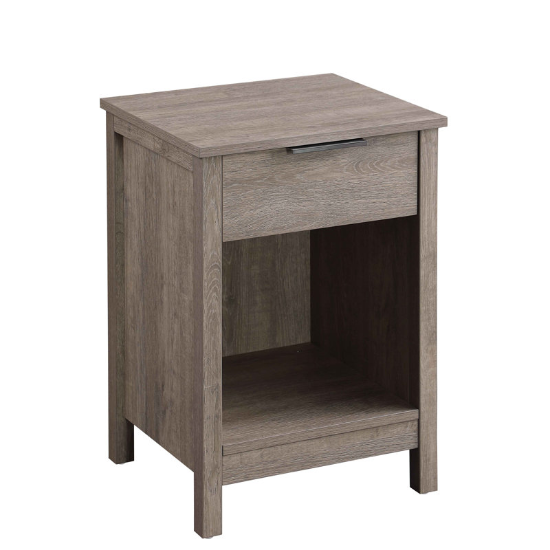 Grey Nightstand, Multipurpose Side End Table with Drawer and Open Storage Shelf, Sturdy Metal Handle & Solid Side Frame, Easy Assembly