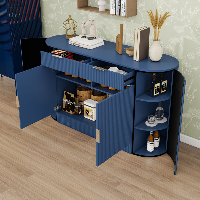 2-Drawer Sideboard with Curved Doors and 3-Tier Shelves for Living Room, Navy Blue
