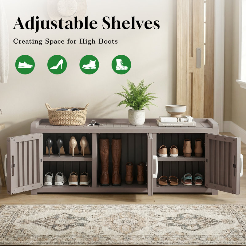 46.87"W 10 Pair Shoe Shoe Storage Cabinet With 3 Doors And Adjustable Shelves(Light Brown/Gray), Light Brown (Gray)