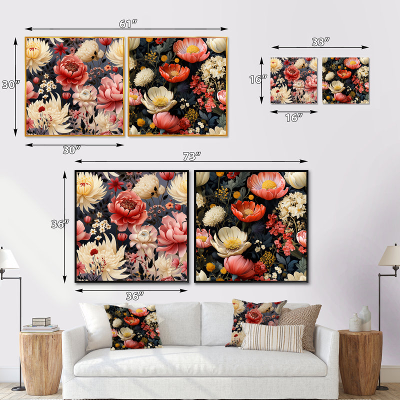 Native Grace - Jardin sauvage rose - Ensemble de 2 collages floraux carrés, Cadre flottant blanc, H 36 po x l 73 po