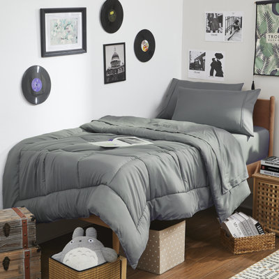 7PC Campus Ready Dorm Twin XL Bedding Bundle, Solid Comforter, Pillows And Sheet Set
