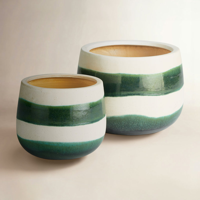 Lia 2 - Piece Hand-Pained Pot Planter Set, White Green