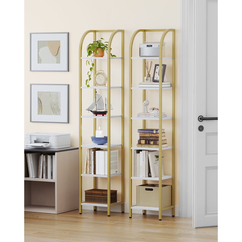 Bibliothèque étagère étroite avec cadre en acier pour bureau, (6 Shelves) 70.3"H x 11.8"W x 11.8"D, Blanc / Doré