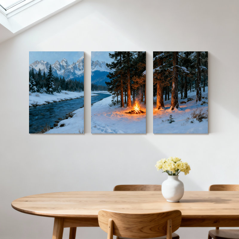 Hiver, forêt, paysage d'hiver, rivière enneigée, pins, feu de camp, montagnes, ensemble de 3 impressions sur toile
