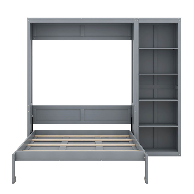 Queen Size Modern Murphy Bed, Space-Saving Wall Bed Frame With Shelves, Foldable Platform Bed, Folded Into Cabinet