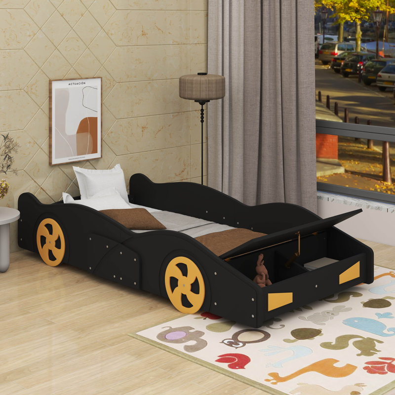 Lit plateforme simple en forme de voiture avec roues et rangement, Lit simple, Noir
