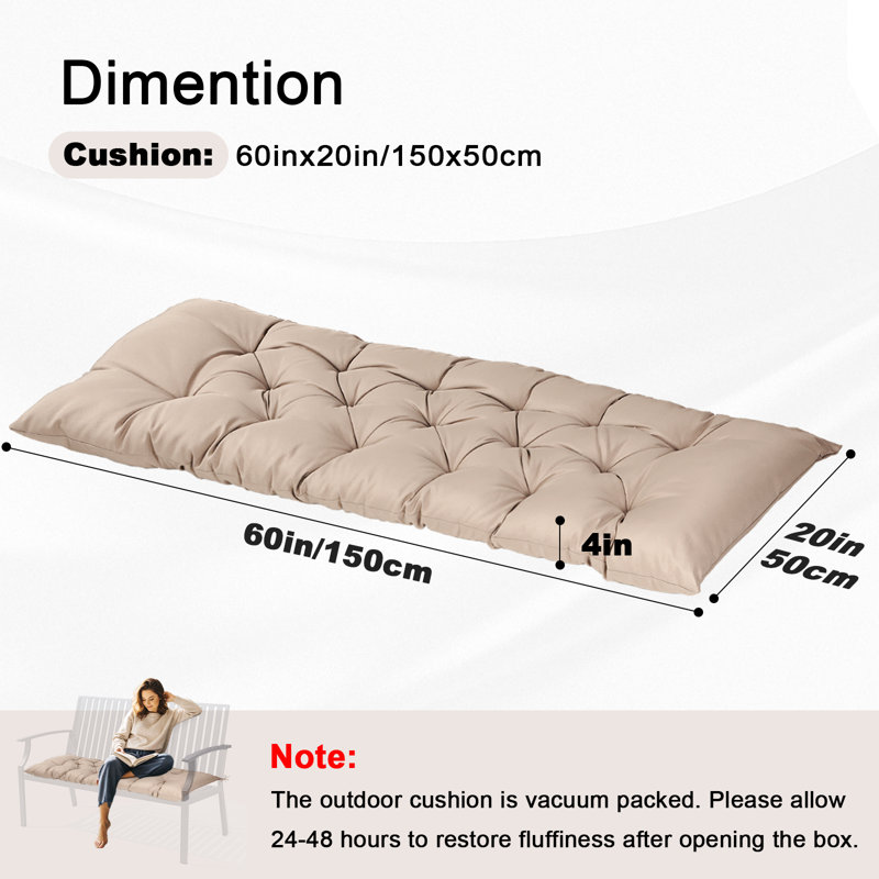 Outdoor Bench Cushion 60x20in, Waterproof Thicken Patio Seat Pad with Ties, Replacement Cushion for Porch Swing, Garden Bench, Indoor/Outdoor Use