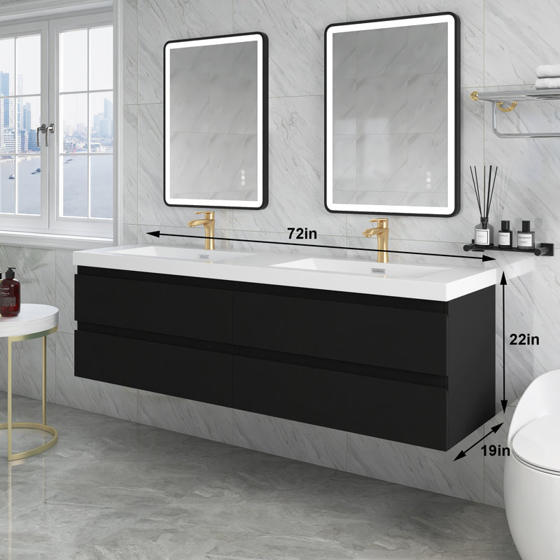 Meuble-lavabo mural double 72 po avec plateau en marbre de culture Mareya