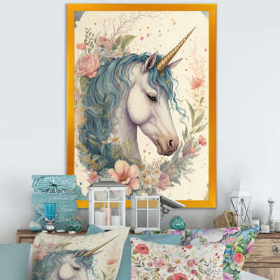 Adorable licorne pastel entourée de fleurs I - reproduction sur toile