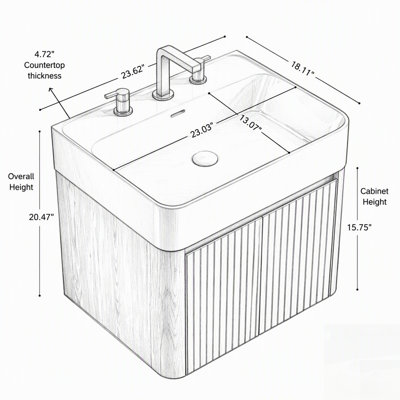 Meuble-lavabo suspendu avec lavabo encastré en surface solide et armoire de rangement en chêne pour espaces modernes