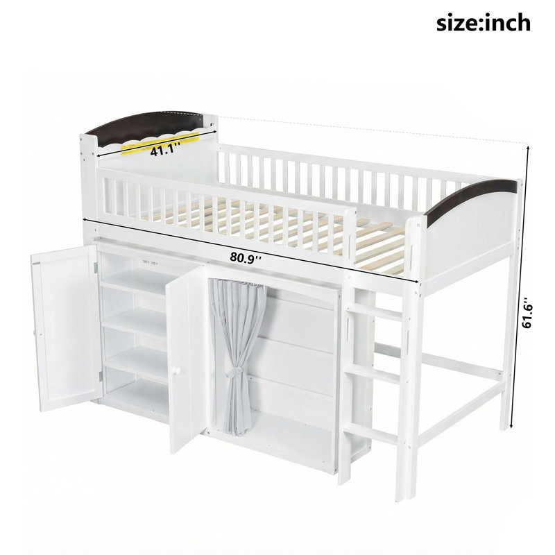  Lit mezzanine simple avec armoire de rangement, armoire et lumière DEL, blanc, Twin, Blanc