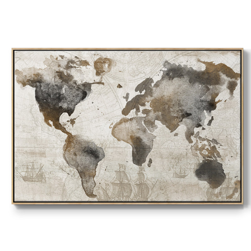 Carte antique encadrée sur toile, H 17 po x l 25 po x P 2 po, Bois naturel