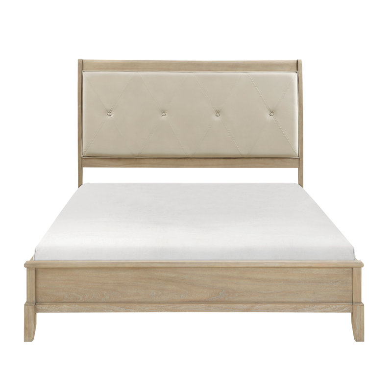 Lit double de style classique, tête de lit tapissier beige et cadre inclus, similicuir