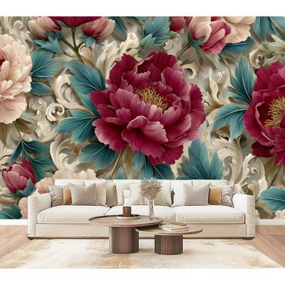 Papier peint adhésif mural de style pivoine élégante Baroque pivoine 69 po x l 96 po amovible en PVC autocollant pour chambre à coucher, bureau à domicile
