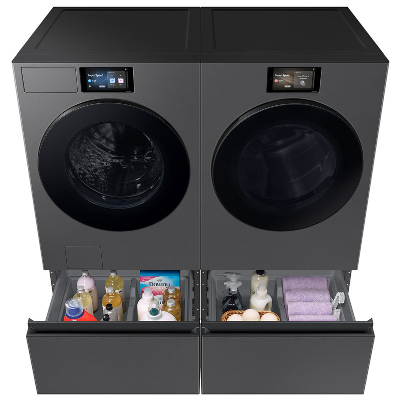 Samsung Bespoke Wide Laundry Pedestal with Storage Drawer, 15" H x 27" W x 29" D, Dark Steel