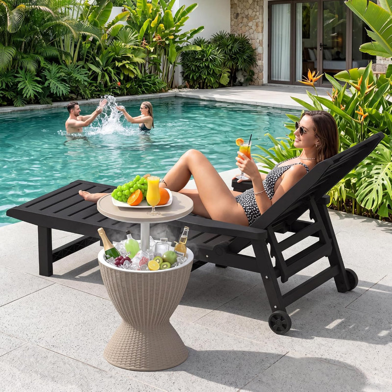Chaise longue avec dossier réglable à 5 positions, imperméable, légère, en résine PP, résistante aux intempéries, avec roulettes, idéale pour la piscine, le jardin, la plage et la pelouse.