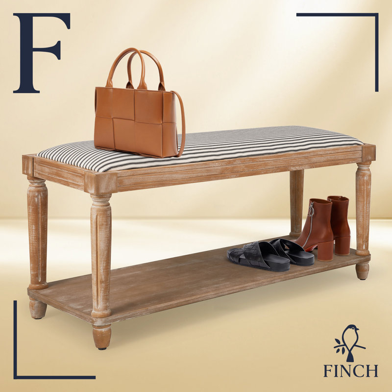 Distressed Natural Cottage-Style Upholstered Bench with Storage