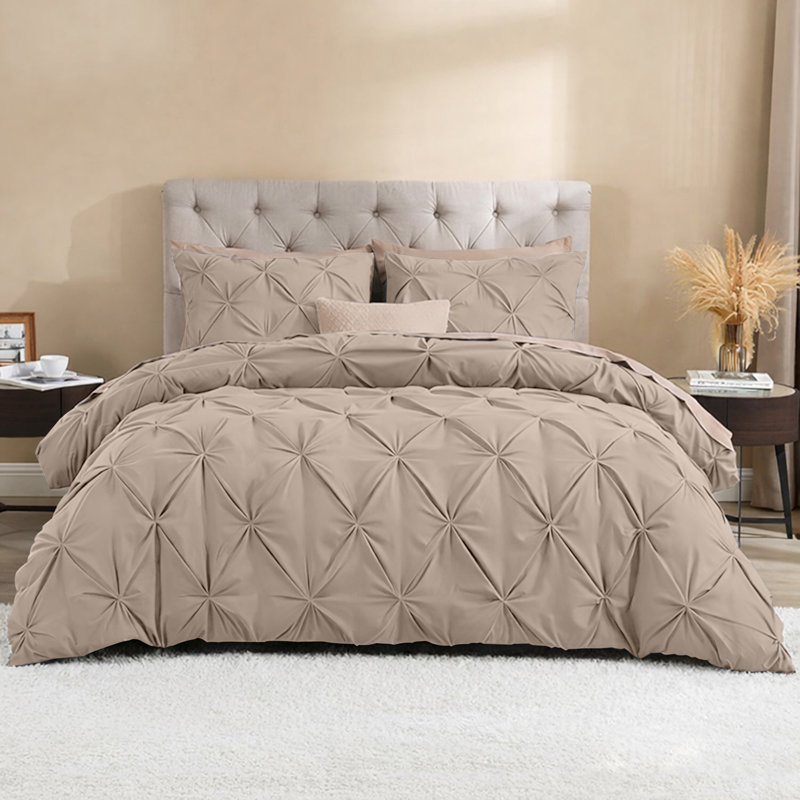  Luxurious Microfiber Pintuck Design Duvet Cover With Pillowcases , Beige, Single Duvet Cover + 1 Standard Pillowcase