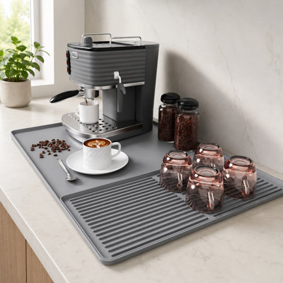 Silicone Coffee Mat with Raised Edges, 2-in-1 Coffee Bar Mat for Countertop with Detachable Dish Drying Mat, Non-Slip Heat Resistant Waterproof Machine Mat, 23.6"x 15.74", Black