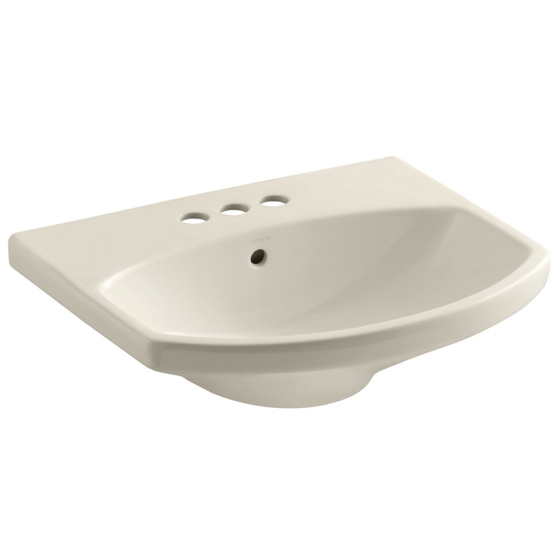Lavabo de salle de bain piédestal en porcelaine vitreuse avec trop-plein Cimarron®, Amande, Ensemble de centre 8 po
