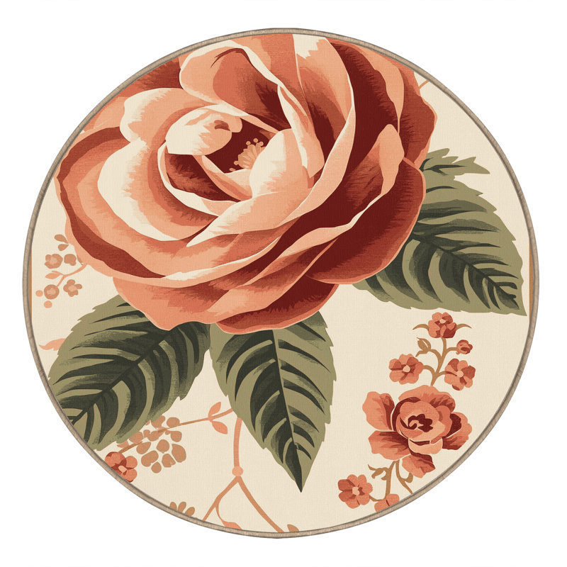 Tapis floral moelleux doux à motif floral français camouflage Odenton - reliure beige, 5' Round