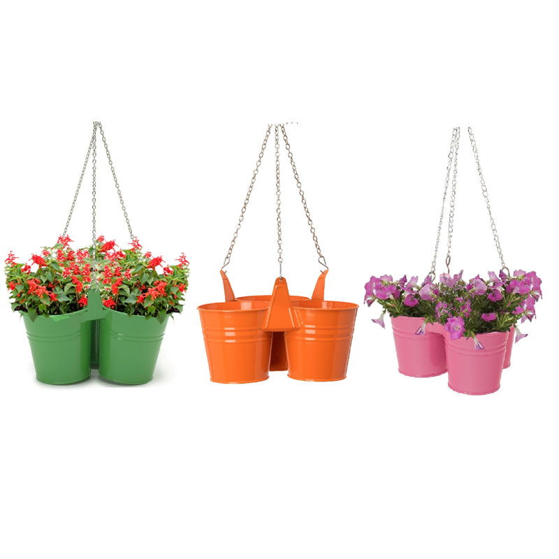 Enameled Galvanized Steel Triple Hanging Planter, Green/Yellow/Orange