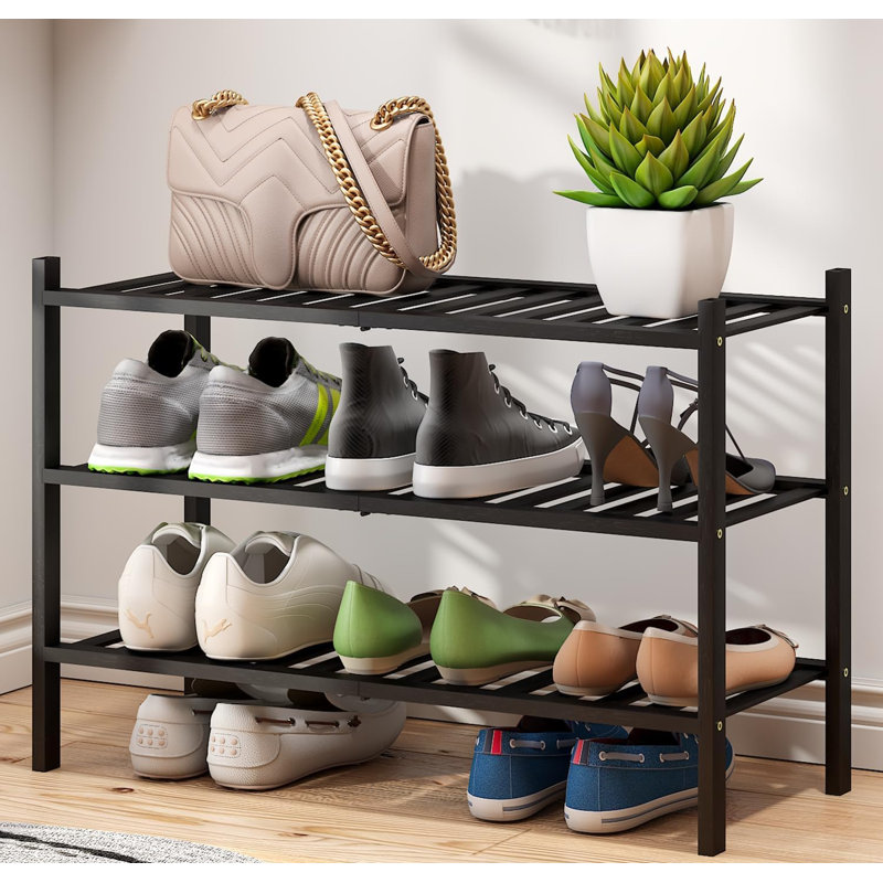 3-tier Black Bamboo Shoe Rack For Entryway, Stackable | Foldable | Natural, Shoe Shelf Storage Organizer For Hallway Closet, Free Standing Shoe Racks For Indoor Outdoor