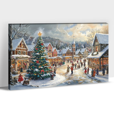 Christmas Winter Village Canvas Wall Decor, Snowy Holiday Street Wall Art, Festive Christmas Tree Pictures, Town Scene Canvas Prints, Seasonal Hanging Painting for Living Room, Entryway, 8x12 Inch