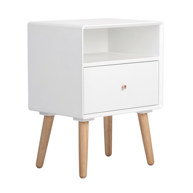 Table d'appoint moderne Adore Decor Lilou avec 1 tiroir, poignée de tiroir en or rose, pieds en bois naturel, table de chevet de salon pour petit espace, blanc
