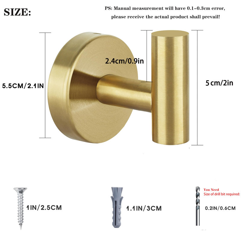 Paquet de 8 crochets muraux en acier inoxydable pour salle de bain, Gold