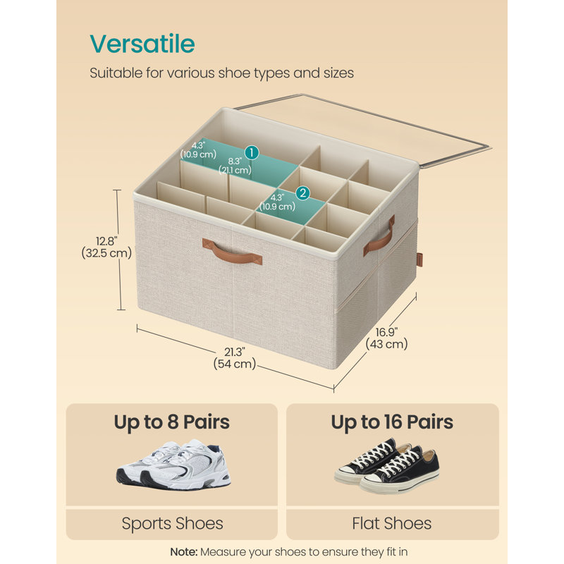 Shoe Organizer Box, Shoe Storage For Closet, Fits 16 Pairs, Customizable, Beige, 1 Pack