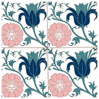 Blue Pink Floral Tiles Comforter