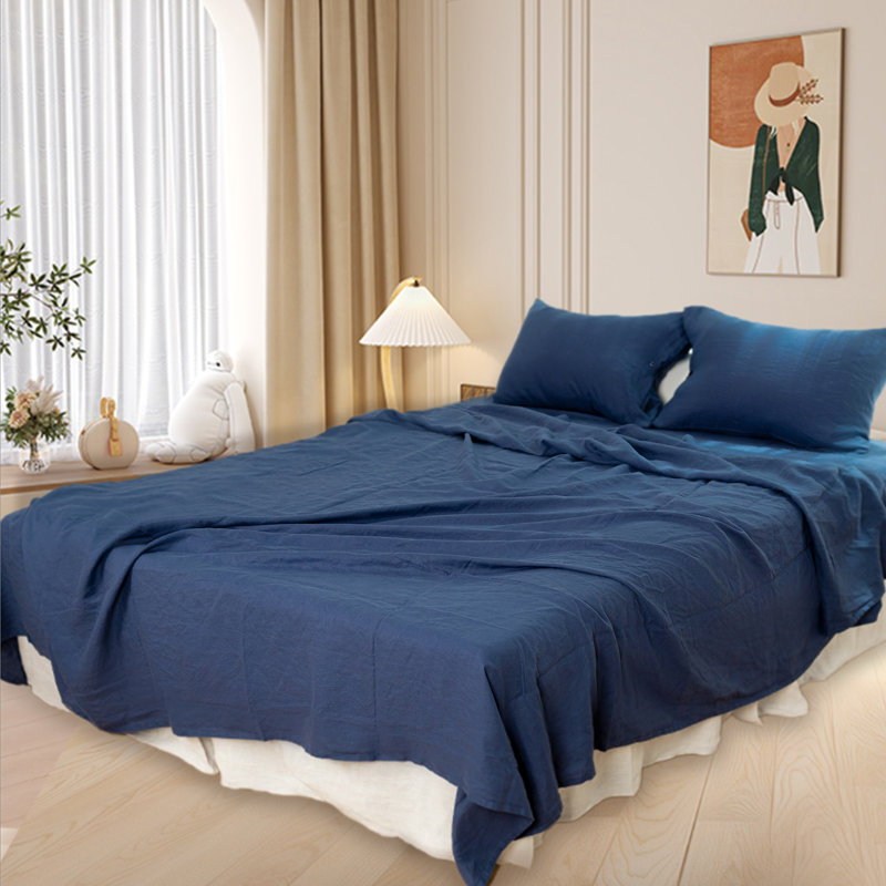 Navy Blue Linen King Fitted sheet, Twin Flat Sheet