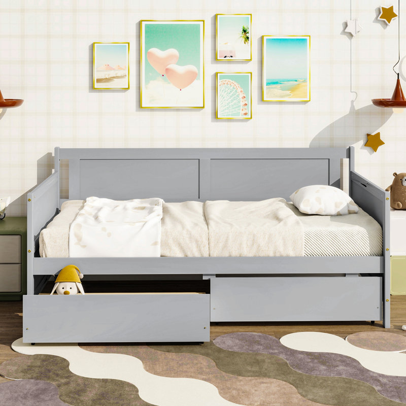 Twin Size Pine Wood Daybed With Two Storage Drawers, Gray