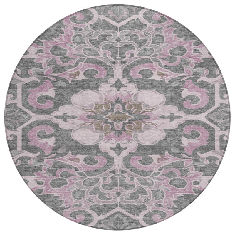 Tapis intérieur lavable rond 8 pi rose et gris anthracite