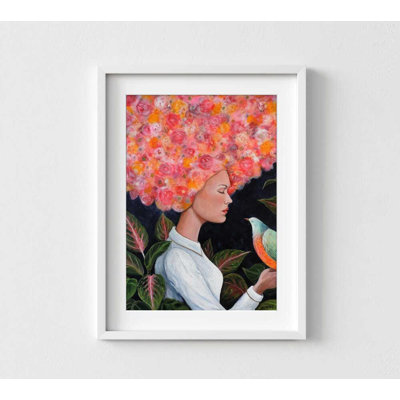 Art floral - Femme avec oiseau et fleurs