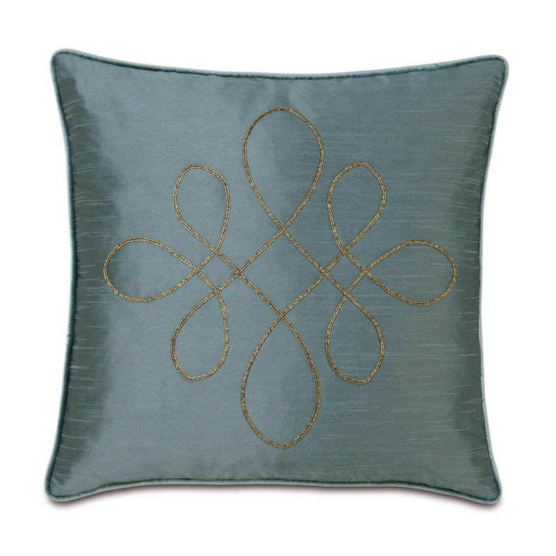 Square Blue and Gold Embroidered Polyester Throw Pillow