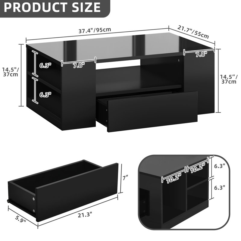 LED High-Gloss Finish Coffee Table With 2 Drawers Open Shelves Storage, Black