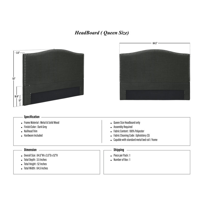 Eladia Upholstered Headboard, Queen, Dark Gray