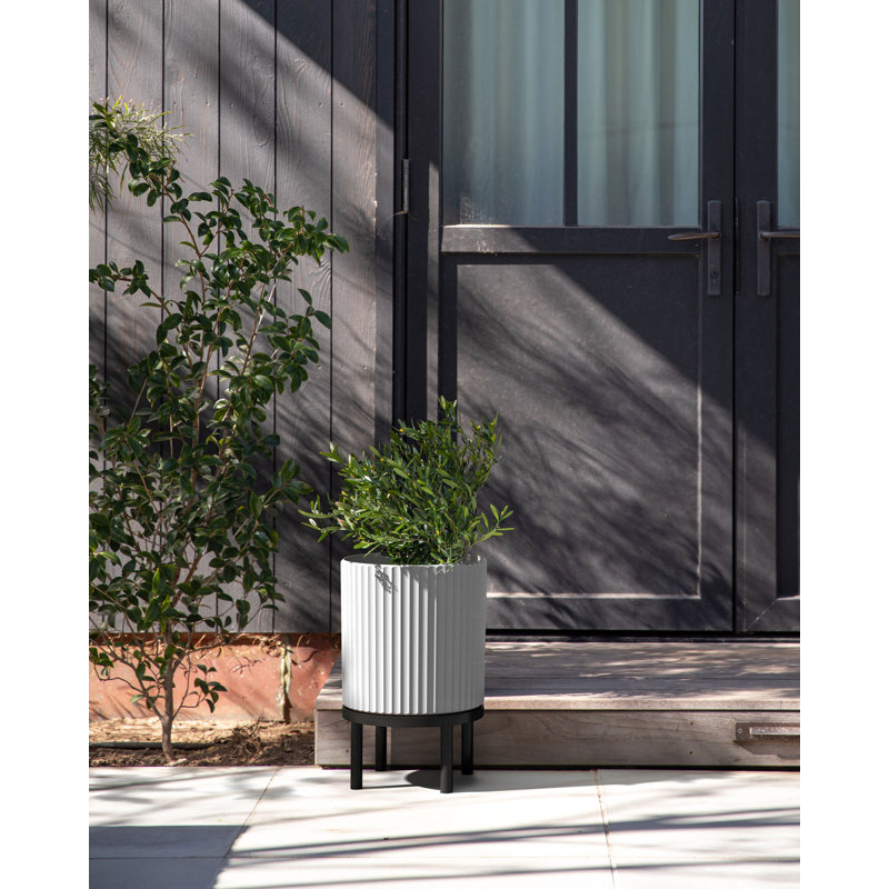 White and Black Fluted Planter with Acacia Wood Stand