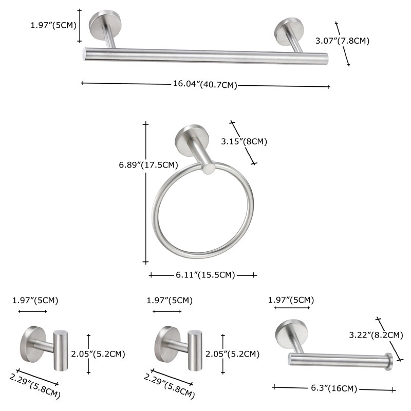Ensemble de quincaillerie de salle de bain 5 pièces 16 po avec quincaillerie de fixation, Nickel brossé