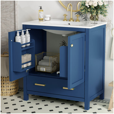 Meuble-lavabo de 30 po avec lavabo simple, meuble-lavabo encastré, armoire de rangement avec 2 portes et un tiroir, fermeture en douceur, rangement multifonctionnel, structure en bois massif
