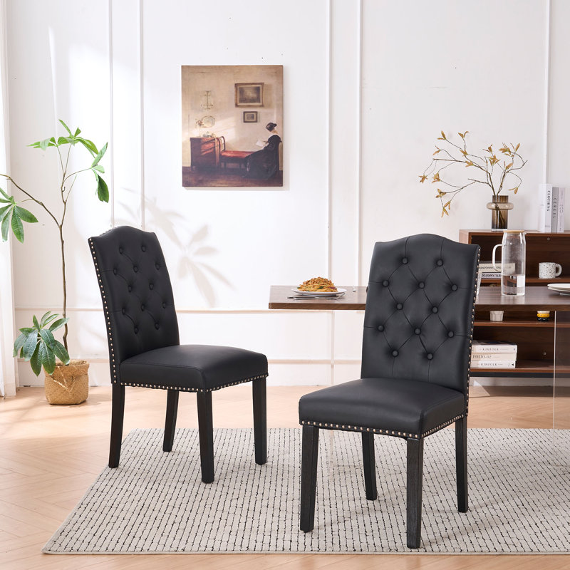 Classic Rivet Tufed Dining Chairs Set Of 2, Kitchen Seats Faux PU Leather Upholstered With Wood Legs, Black