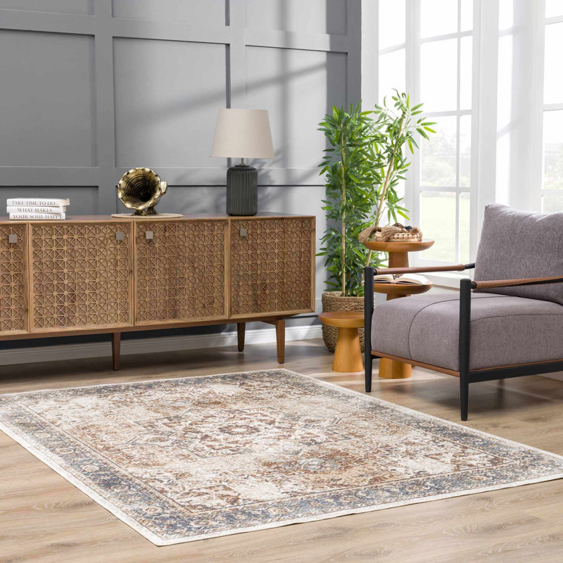 Light Blue and Beige Synthetic Washable Rectangular Area Rug