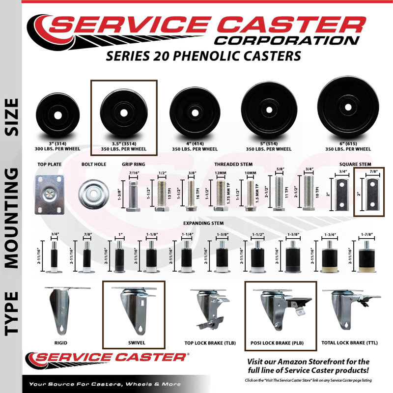 4 Piece Phenolic Caster Set, 7/8" square stem