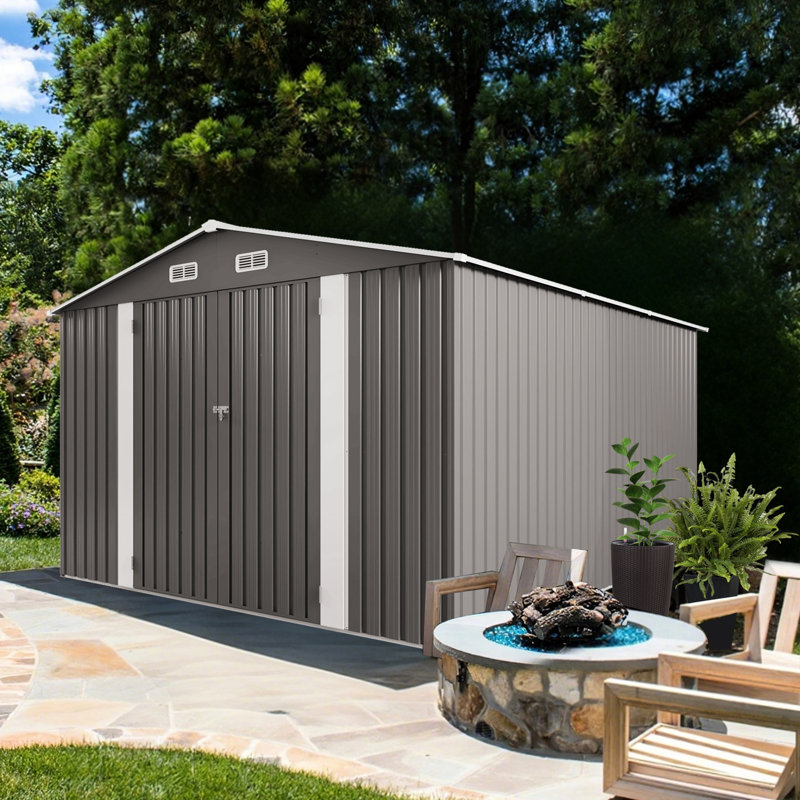 Remise de rangement extérieure en métal 10 x 12 pi avec double porte et fenêtres, grise, convenant à un atelier translucide
